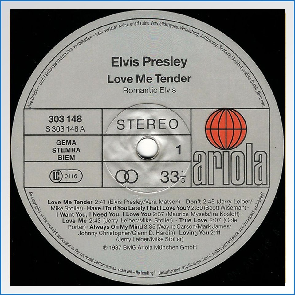 Elvis Presley LP Love Me Tender (Romantic Elvis) 303150 Ohne Poster LP – B-WARE label.jpg